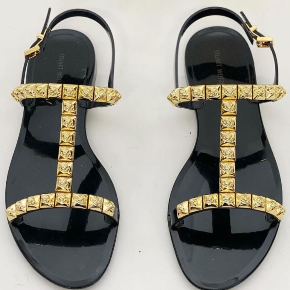 Stuart Weitzman black rose gold studded jelly sandals flats 6